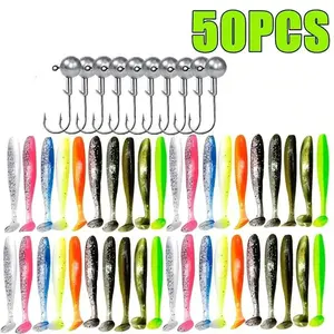 50PCS Soft Swimbait Fishing Lure Kit with Jig Heads, Paddle Tail Soft Plastic Baits for Bass, Crappie, Perch & Walleye, Freshwater Fishing Tackle Set