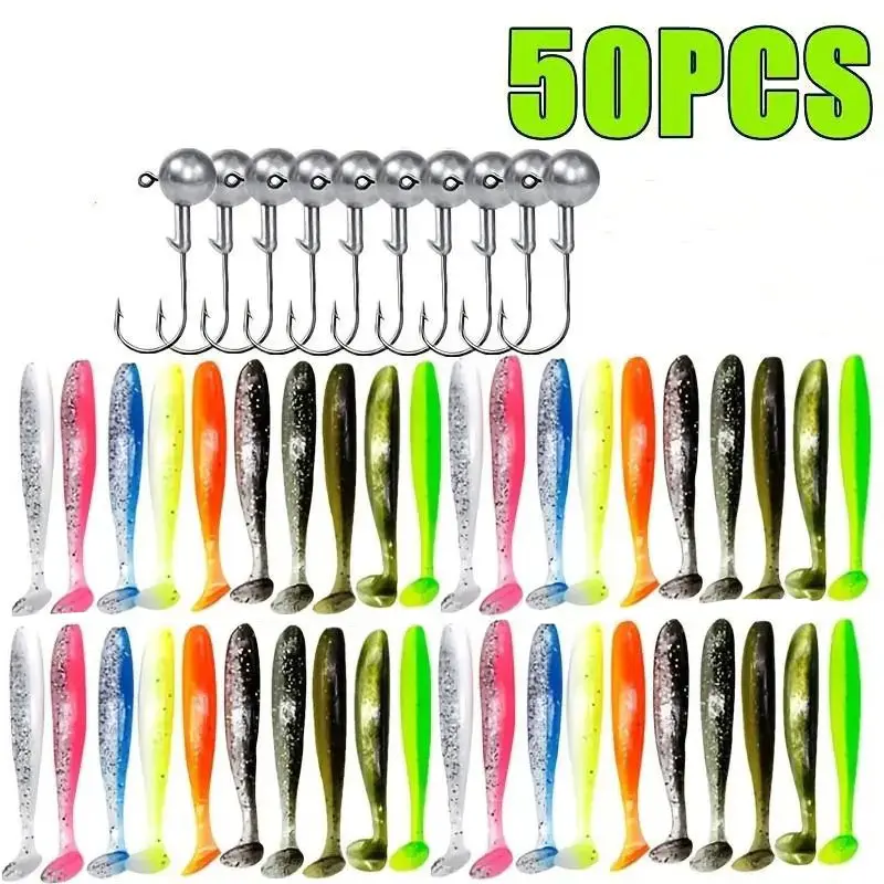 50PCS Soft Swimbait Fishing Lure Kit with Jig Heads, Paddle Tail Soft Plastic Baits for Bass, Crappie, Perch & Walleye, Freshwater Fishing Tackle Set
