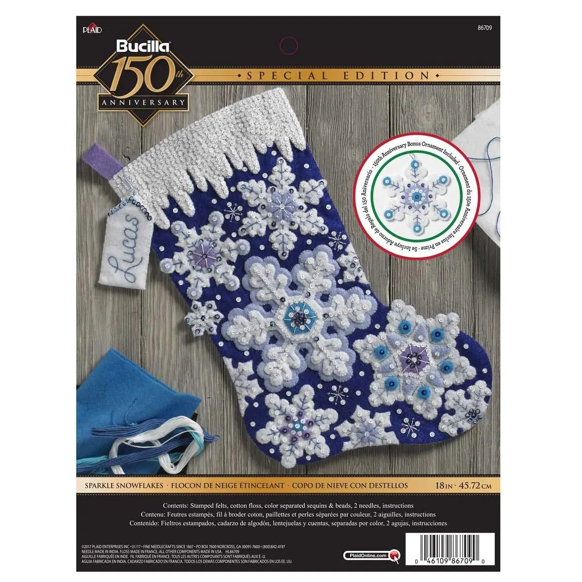 Bucilla® 18 in Felt Stocking Kit - Seasonal Sparkle Snowflakes Sewing Supply - Model 86709