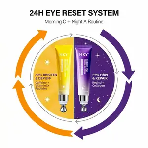 HKY Day & Night Eye Cream Set, AM Caffeine Under Eye Brightener for Dark Circles & Puffiness, PM Anti-Aging Collagen Treatment for Fine Lines & Wrinkles. Korean Skincare Firming Moisturizer Duo for Smooth Radiant Skin. Lightweight Hydrating Anti-Aging Kit