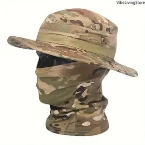 2 Pcs UPF 50+ Camouflage Boonie Hat & Balaclava Matching Set, Wide Brim Sun Protection Hat for Men Women, Windproof Foldable Headwear for Hunting Fishing Camping Outdoor