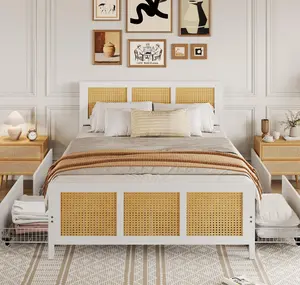 White Rattan Bed Frame with Headboard, Boho Cane Platform King Size Bed Frame with 4 Drawers, Strong Metal Slats Support, Noise Free, No Box Spring Needed