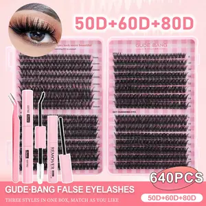 640-piece false eyelash extension kit, high capacity，50D/60D/80D, individual false eyelash cluster kit, D-curled false eyelash extension kit, includes adhesive and sealant, as well as tools for applying false eyelashes. DIY false eyelash extension kit