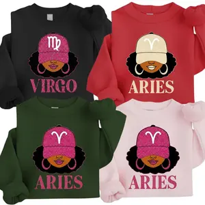 [Full 12 Zodiac] Zodiac Vibes Sweatshirt – Afro Woman Astrology Sign Pullover with Hat Graphic, Unisex Horoscope Crewneck Gift Zodiac Lovers, Trendy Aesthetic Sweater - HARSIN