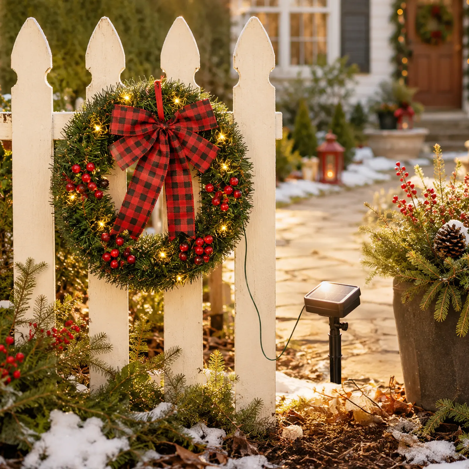 3 Pack 14" Solar Christmas Wreaths with Red Berries & Bows, 60 LED Warm White 8 Modes, Lighted Christmas Wreath with Stake for Outdoor Front Door Yard Porch Garden Holiday Decor