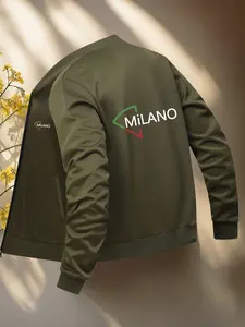 Men's Milano Print Jacket, Casual Fall Winter Fitted Zipper Coat, Geometric Pattern, Knit Fabric, Front Pocket Detail