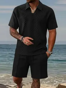 Men's color-block collar polo shirt and shorts two-piece set with a stylish color-block design at the collar, breathable knitted fabric, casual loose fit, very suitable for summer daily wear, beach activities, vacations, and street style