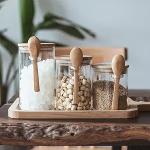 Coffee Beans with Spoon Multigrain Storage Tank Glass Transparent Kitchen For Home round Storage Tank Japanese Bamboo Cover Sealed Jar