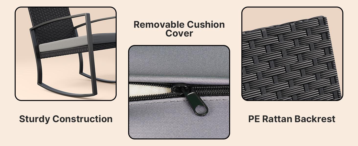 Gizoon 3 Pieces Patio Furniture Set Rocking Bistro Set Outdoor Rattan Conversation with Coffee Table for Garden Balcony Backyard Poolside (Grey Cushion) Ergonomic