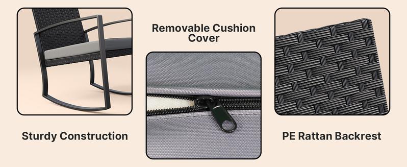 Gizoon 3 Pieces Patio Furniture Set Rocking Bistro Set Outdoor Rattan Conversation with Coffee Table for Garden Balcony Backyard Poolside (Grey Cushion) Ergonomic