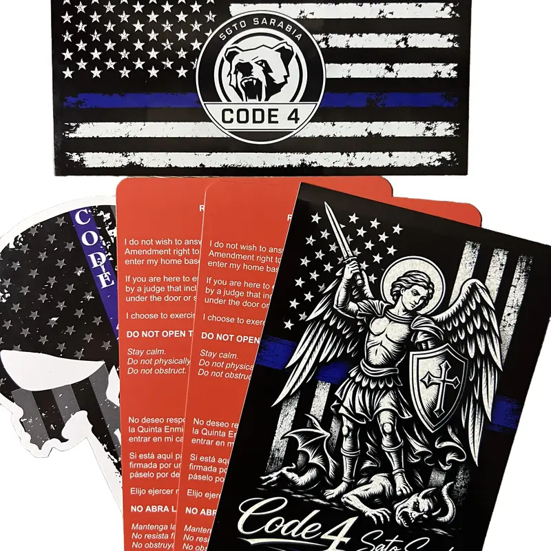 Sgto Sarabia Code 4 Protection Bundle Thin Blue Line Decal, Skull Decal, St. Michael Archangel Decal & 2 Know Your Rights Red Cards