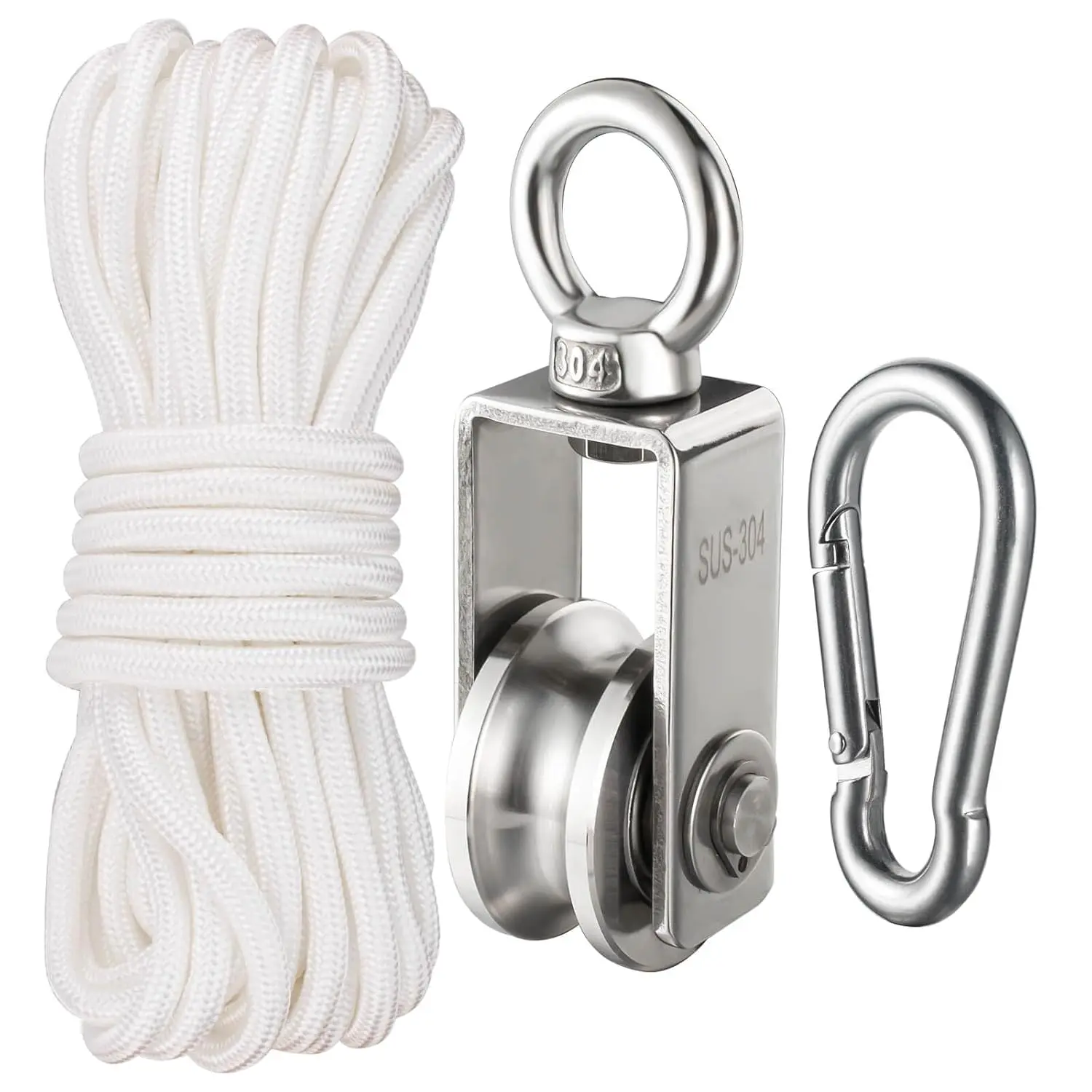 Heavy Duty Cable Pulley Block, Stainless Steel with Bearing, 32ft Nylon Rope & Hook, Swivel Single Pulley, 551lb Load Capacity