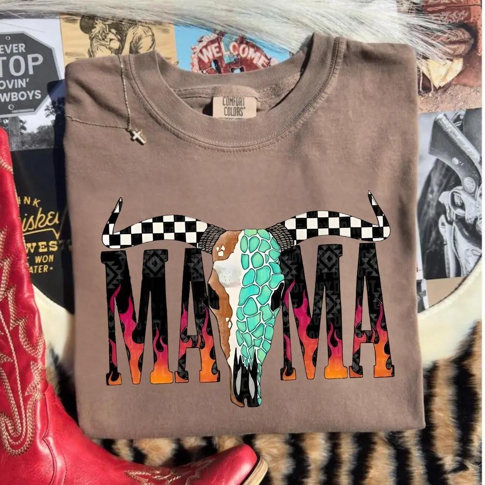 Comfort Colors Western Mama Longhorn Skull Shirt, Patchwork Gingham Floral Tee, Rustic Cowgirl Graphic, Unisex T-Shirt Gift