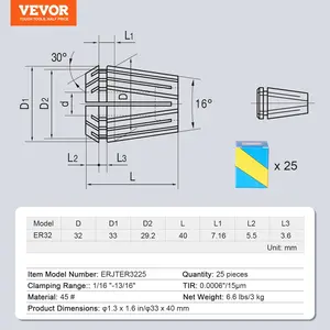 VEVOR 25 pcs ER32 Collet Set, 1/16''-13/16'', ER32 Spring Collet Chuck Set, 0.0006/15 m TIR Lathe Chuck Tool with 25 Labeled Storage Boxes, for CNC Engraving Machine Milling Lathe Tool Drill Press