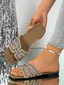 Luxury Sparkle Square Toe Design Sandals, Champagne Gold Woven Rhinestone Slip-Ons, PU Leather Casual Footwear for Women