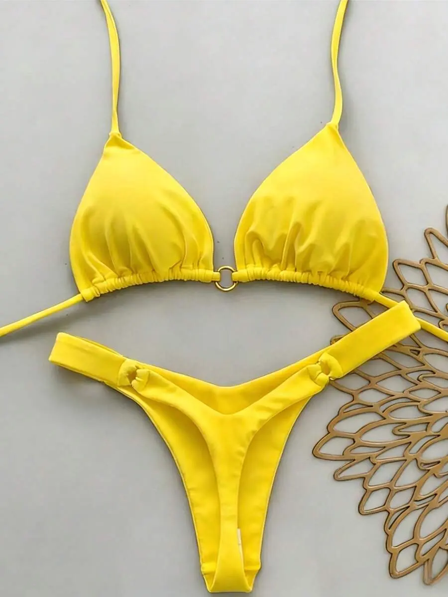 Women's Summer Beach Solid Color Halter Tie Sexy Bikini Swimwear Set Vacation