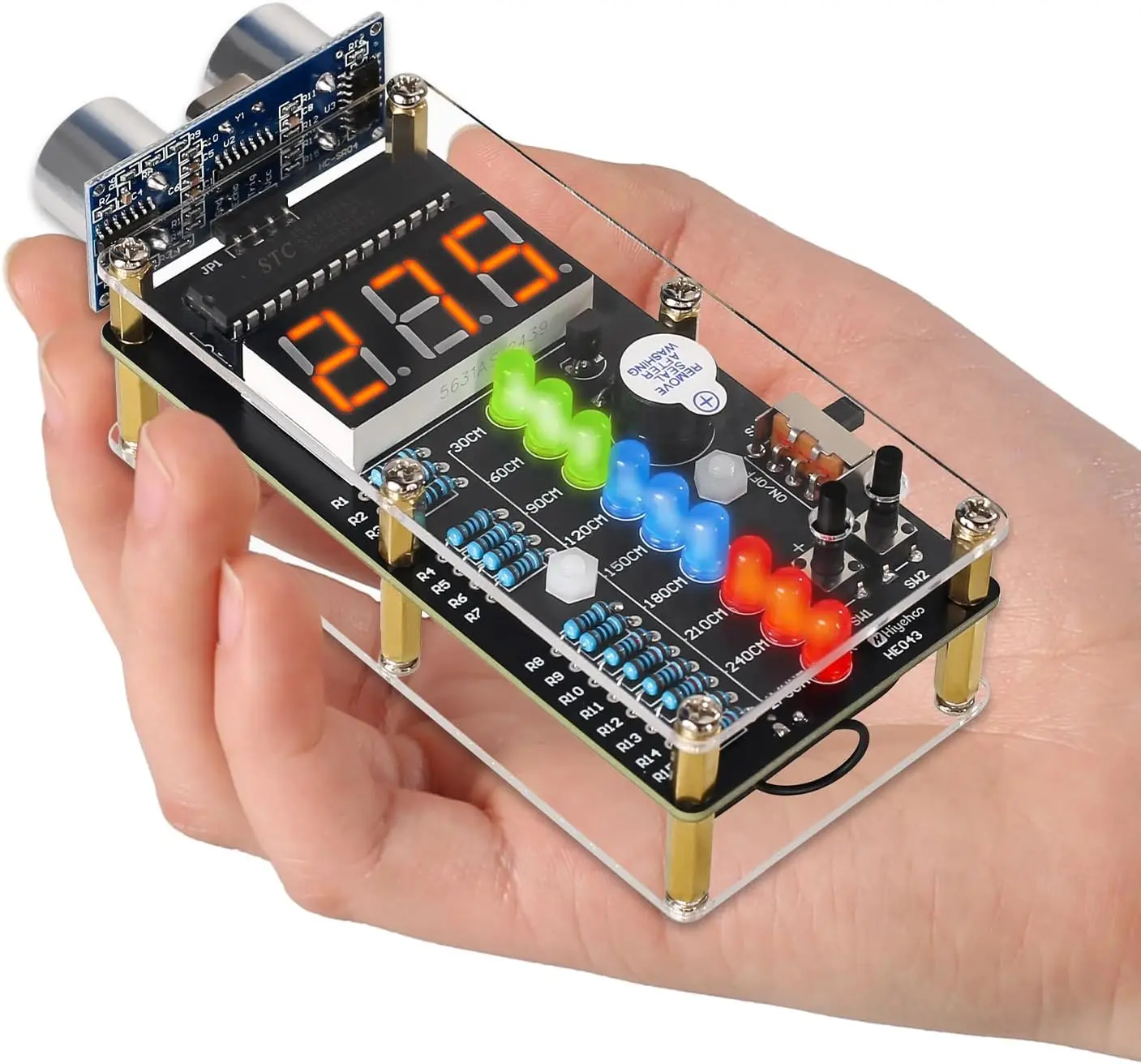 Soldering project kit Ultrasonic Ranging Alarm DIY Kit, HC-SR04 Ultrasonic Distance Measurer Soldering Practice Kit with LED Lights, STEM Soldering Electronic Projects for School Learning circuit board soldering Warning Beep Obstacle Detection