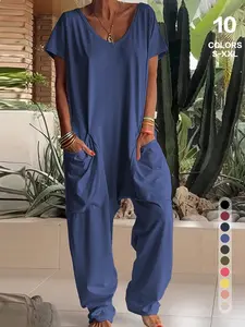 Women's Elastic Stretch Shortsleeve Jumpsuit - V-neck, Basic, Loose-Fitting, Breathable, Comfortable, Elegant Minimalist Casual Loungewear Overalls, Jumpsuits for Women