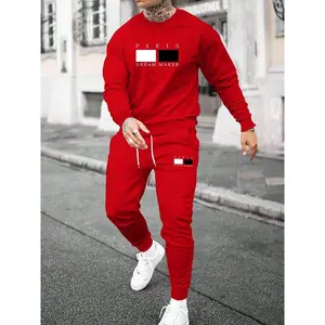 Two-piece Set Men's Letter Print Sweatshirt & Drawstring Waist Sweatpants, Regular Fit Round Neck Long Sleeve Pullover & Pocket Jogger Pants, Casual Fashion Cozy Breathable Men Two-piece Outfits for Fall & Winter