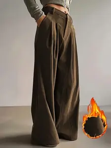 A piece of women's dark brown vertical high-waisted wide-leg trousers, drooping pleated commuter retro style thin trousers, suitable for autumn and winter, suitable for workplace commuting, daily shopping, light social gatherings, etc.