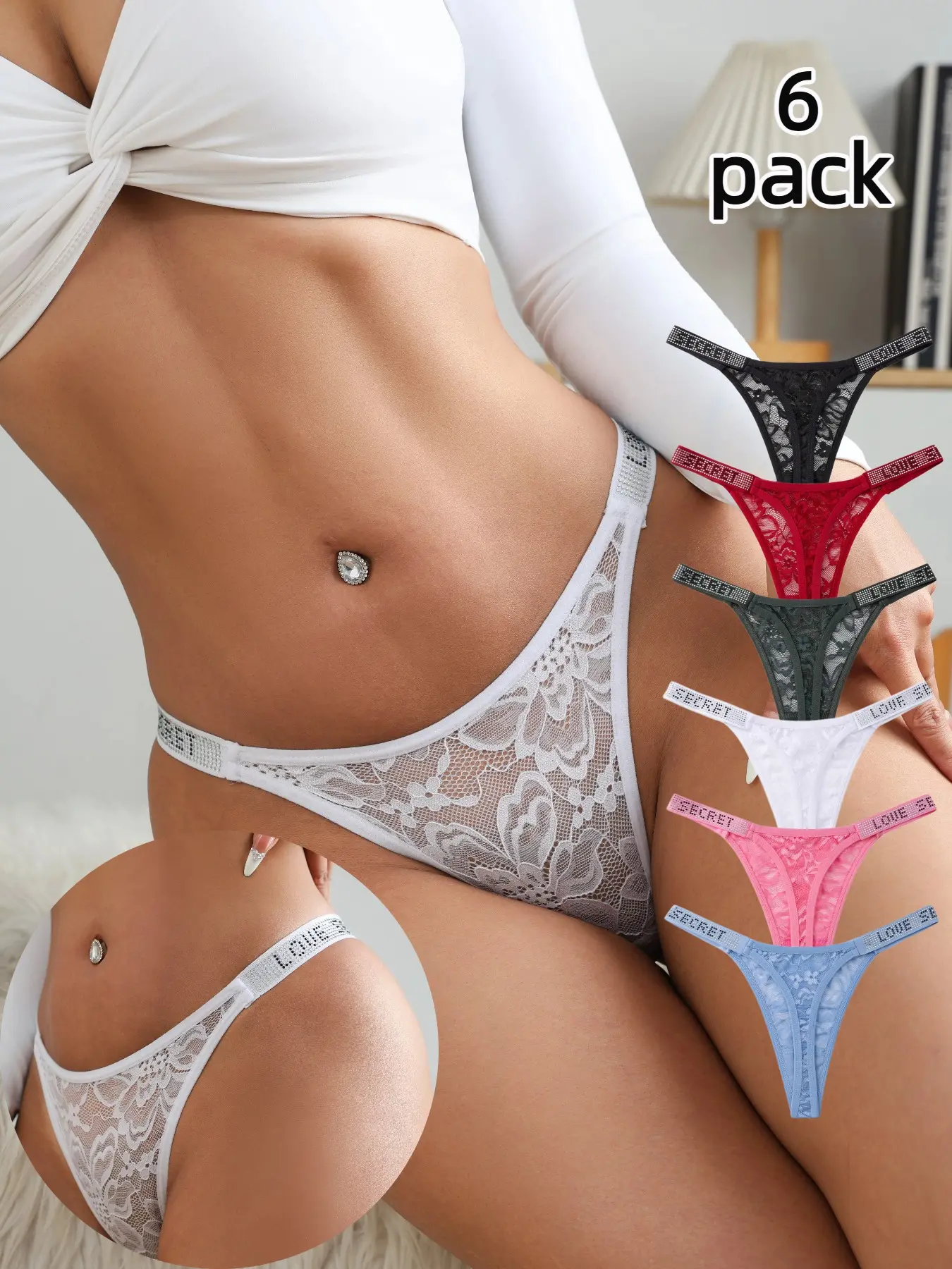 Women's Rhinestone Letter Belt Thong Panties, 6 Pieces Fashion Everyday Underwear Set, Elegant Sexy Low-Waist Lace Cutout Panties, Suitable for All Seasons, Available in Multiple Colors