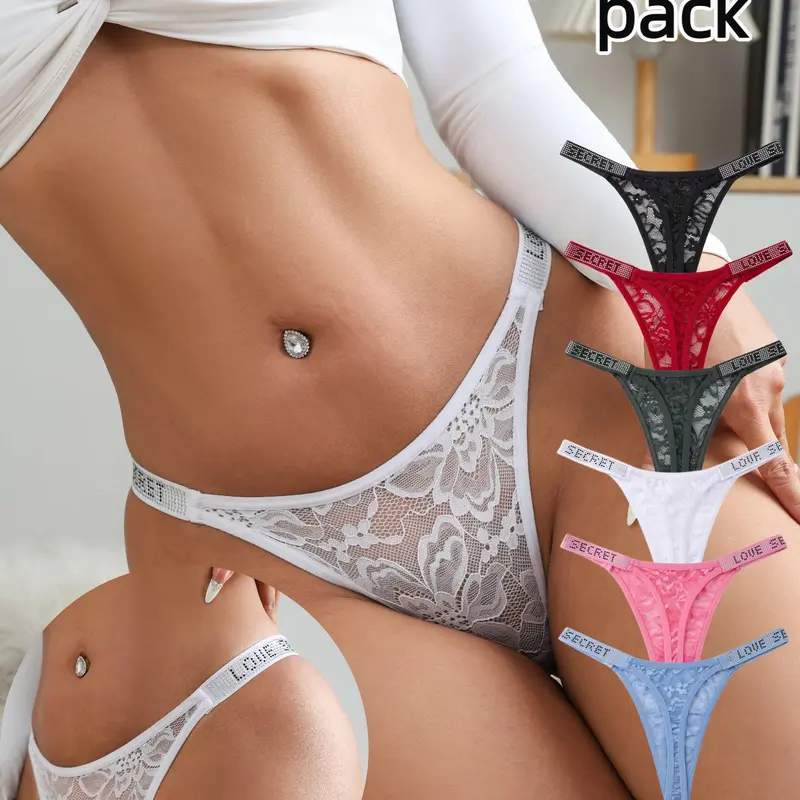 Women's Rhinestone Letter Belt Thongs, Fashion Plain Teen Underwear, Lace Cutout Elegant Sexy Tights, Multi-Color, All Seasons, 6 Pcs Set, Fashion Panties