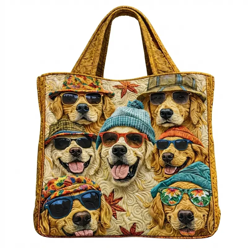 Handbag Shoulder Bag, Women Cool Golden Retriever Dog Animal Art Print Retro Quilted Polyester Hand Shoulder Bag, For Daily Shopping, Weekend Vacation, Outdoor Travel, Pet Lover Gathering, Large Capacity Lightweight Reusable Durable Storage Handbag