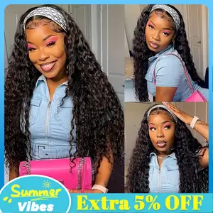 Bling Hair Headband Wig Deep Wave Machine Made None Lace Human Hair WIg Ready to Wear Glueless Curly Headband Half Wig For Wowen Beginner Friendly 180% Density #SummerVibes