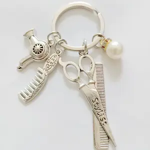 1pc Chic Barbershop Charm Key Ring with Alloy Hair Dryer, Scissors, Comb and Pearl Embellishment - Ladies Fashion Hairdresser Gifts, Barber Accessories, Bag Keychain