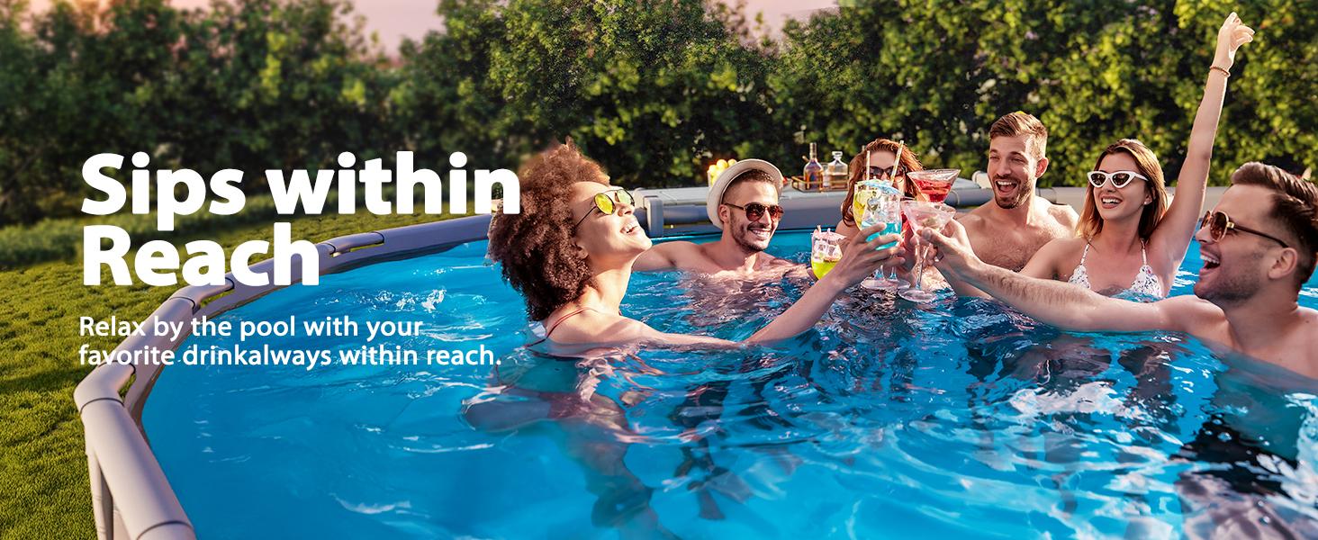 Poolside Bar, Swim Up Bar Exclusively for Above-Ground【Round & Oval 】 Pools. Patio Poolside Table Smart Fold Easy Maintenance, Weather Resistant Stable Tabletop