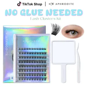 APHRODITE Natural Self-Adhesive Wispy Lashes-D-Curl Cloud Style DIY Eyelash Extension Kit with Tweezers & Handheld Mirror, Lightweight Airy Feel Press On Lashes No Glue Needed, Easy Makeup Application, 8-16mm Mixed Length (88 Clusters)