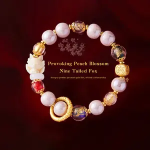 Nine Tailed Fox Incense Gray Glass Bead Bracelet Birth Year Pink Porcelain Crystal Lucky Charm Bracelet Women's Couple Style