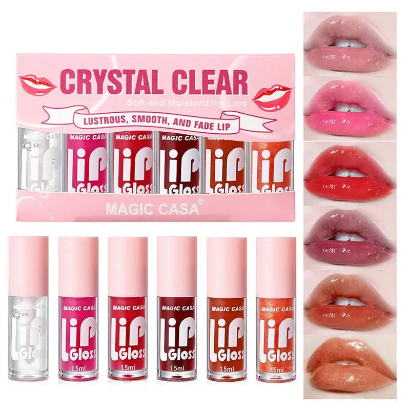 6-Piece Set Water-Gloss Jelly Lip Oil - Plumping, Hydrating, Makeup Base, Long-Lasting Moisture