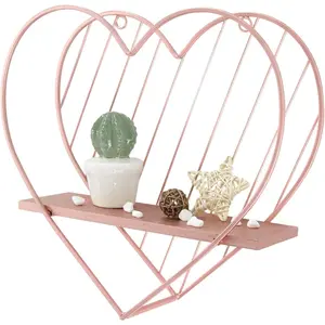 Floating Wall Shelves Cute Heart Shaped Pink Small Hanging Trinket Storage for Bedroom Bathroom Hallway Entryway Vanity Rose Gold Wood Aesthetic Room Decor Gift