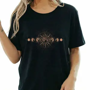 Celestial Moon Phase Shirt Women Boho Graphic Tee Mystical Sun And Moon Vintage Art Oversized Witchy Aesthetic Trendy Top Gift