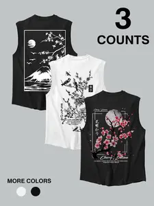 Men's Summer Casual Printed Floral Tank Tops, 3-Piece Set Sleeveless Round Neck Vest, Fashionable Daily Wear for Men, Comfortable & Stylish