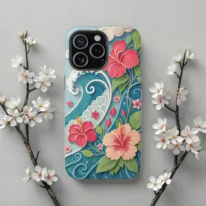 Tropical Hibiscus Wave iPhone Case, featuring a vibrant ocean floral design, suitable for iPhone 17 Air, 16, 15, 14, 13, 12, 11 Pro Max, and Samsung Galaxy S25/S24/S23 Ultra series. Ideal for couples, and a perfect summer beach gift.