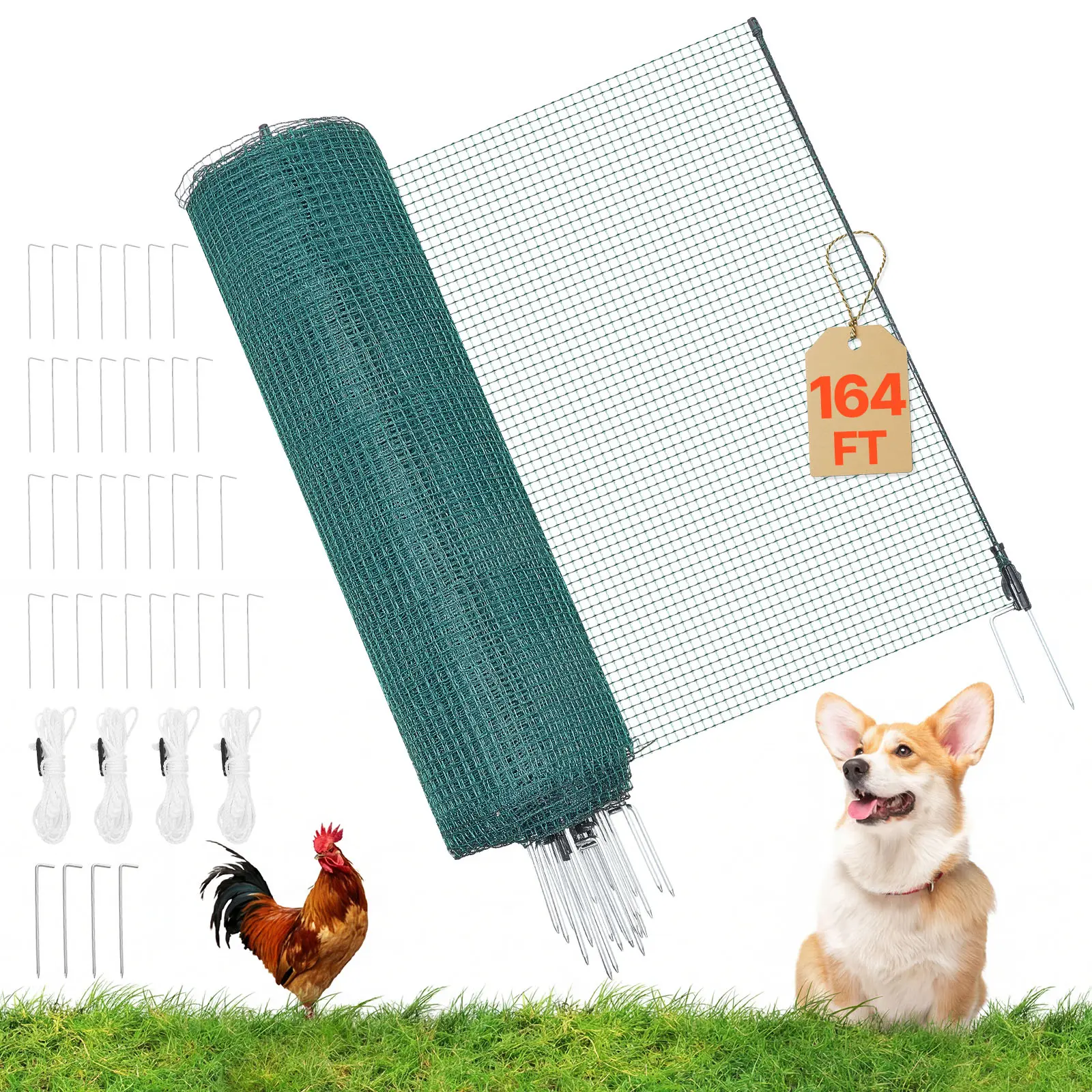 【SummerFinds】VEVOR Temporary Fence with Posts, 3 x 164 FT Plastic Mesh Fencing, Garden Safety Fences Netting with Double-Spike Stakes & Guy Ropes, Temporary Fence for Dogs, Chickens, Plants, Outdoor Yards