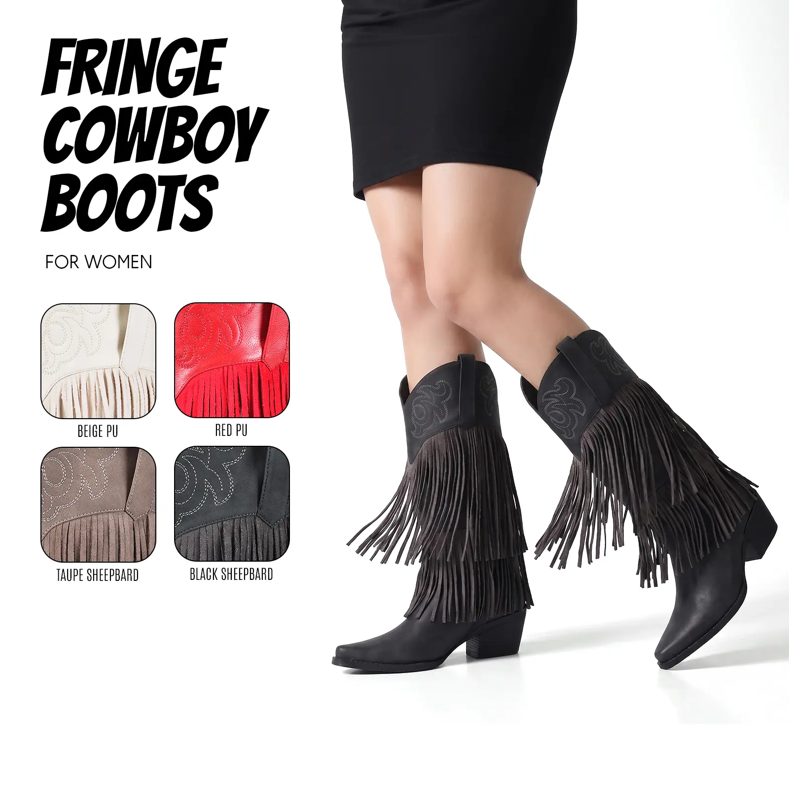 Fringe Cowboy Boots for Women Tiered Tassel Western Boots Pointed Toe Chunky Block Heel Mid Calf Suede Cowgirl Boots Vintage Retro Country Concert Festival Dress Shoes Comfortable Pull On Walking Trendy Fashion Cowgirl Shoes