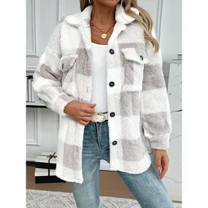 Checkered pattern button down padded jacket, elegant long sleeved warm jacket for autumn and winter, women's clothing