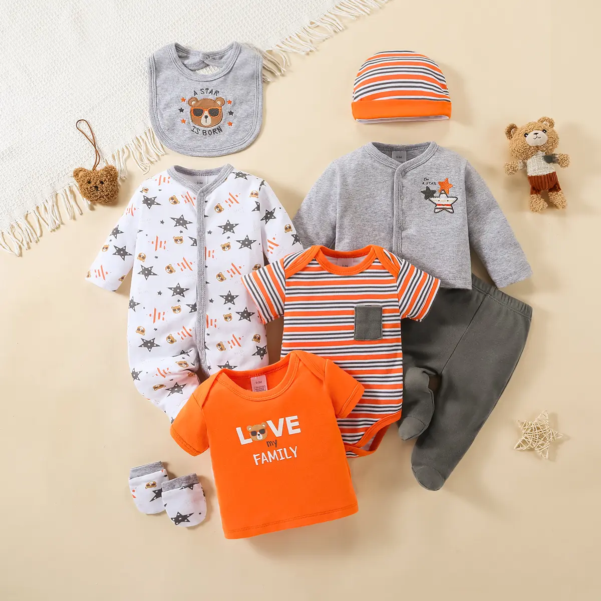 8Pcs Set for Baby Boys and Girls ,Spring/Summer Collection,Comfortable and  Soft, Featuring Lettering,Elephant, Giraffe, and Other Cartoon and Printed Patterns, Includes Long-Sleeve Romper with Hood, Bib, Socks, Pants, Jacket