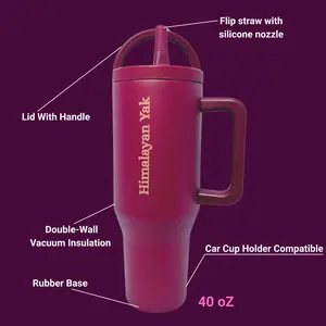 HIMALAYAN YAK 40 oz Insulated Tumbler - Powder Coated, Double Wall Vacuum Cup with Top Handle Lid, Side Handle & 100% Leak-Proof Base