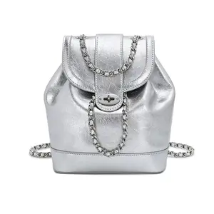 2026 Women's Designer Chain Backpack Lightweight Fashion Rucksack Stylish Versatile Travel Bag in Silver