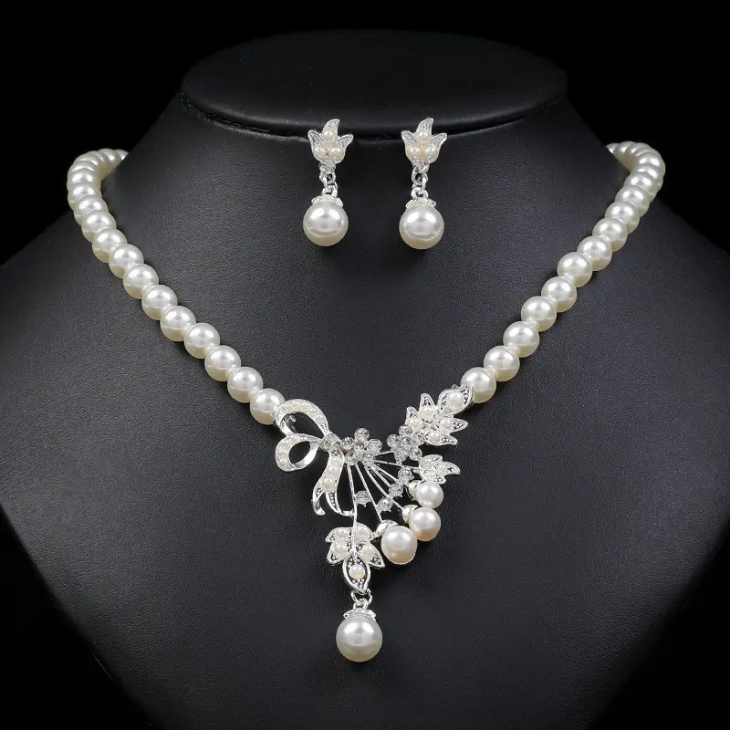 2/pcs European and American imitation pearl necklace earring set for women's fashion temperament, droplet shaped flower bridal dress, personalized jewelry set