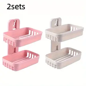 Double Layer Wall-Mounted Soap Dish | No-Drill Self-Adhesive Soap Holder (Beige & Pink)