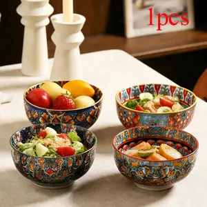 Bohemian Style Ceramic Bowl, 6 Inch Soup Bowl, Cereal Fruit Snack Bowl, Microwave Safe, Four Styles Available, Home Daily Use