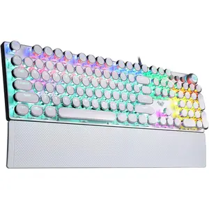 F2088 Typewriter Mechanical Keyboard, White Retro Wired Gaming Keyboard with Blue Switches, Rainbow Backlit, Round Keycaps, Media Knob & Removable Wrist Rest
