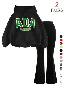 Women's Fall Winter New 2-Piece Set Hooded Sweatshirt + Slim Fit Bell Bottom Pants, Casual Ada Print, Kangaroo Pocket, Regular Length