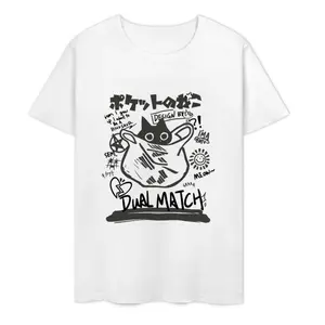 100% pure cotton, stylish and comfortable, summer Japanese retro pocket cat cartoon print short-sleeve T-shirt, unisex couple style, neutral college style, loose fit top