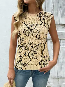 Women's Sleeveless Knit Sweater, Heart Pattern Design, Fitted Short Cut-Out Top, Casual Daily Wear, Aesthetic Plant Spring & Fall Fashion, Knitwear, Womenswear